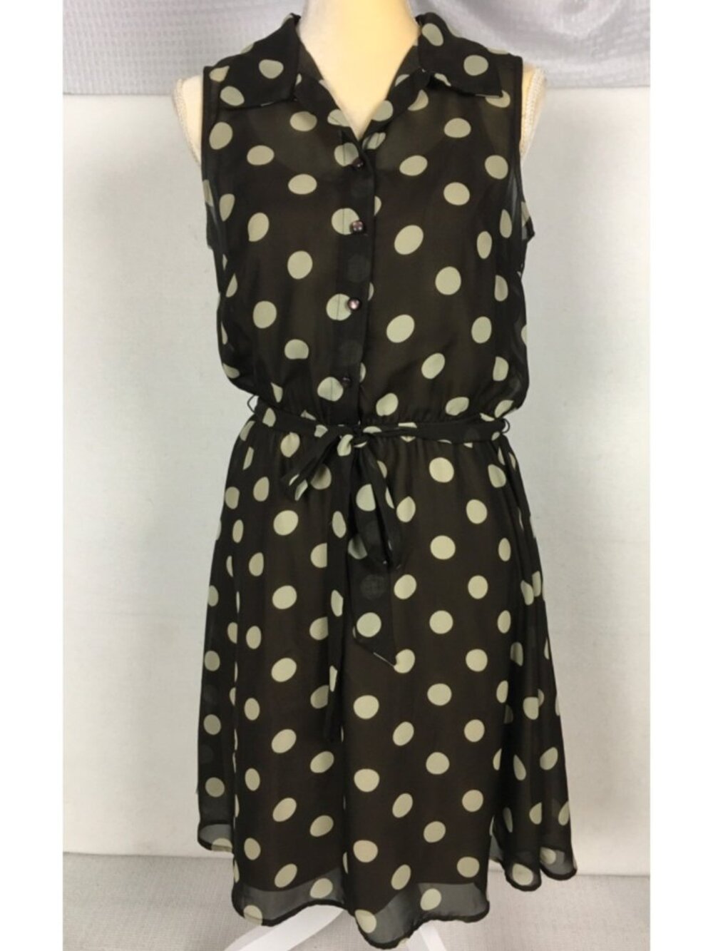 Emma Michelle Dress Size 8 Brown Tan Circles Sleeveless Elastic Waist Button Up